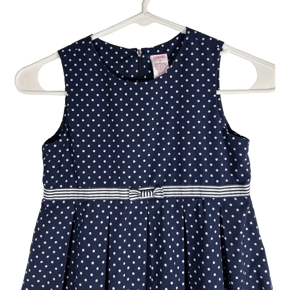 Gymboree Girls Navy Blue White Polka Dot Pleated Sleeveless Dress Size 7